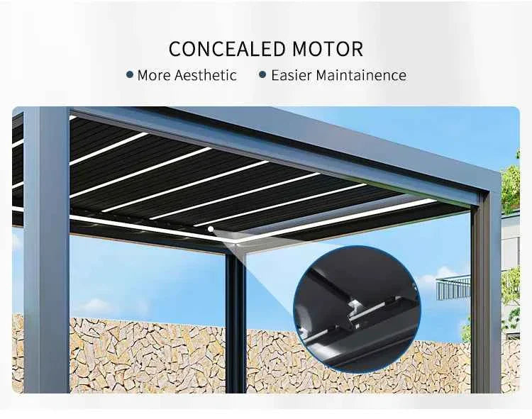 Bioclimatic Motorized Aluminum Pergola - Adjustable Louvered Roof Garden Gazebo