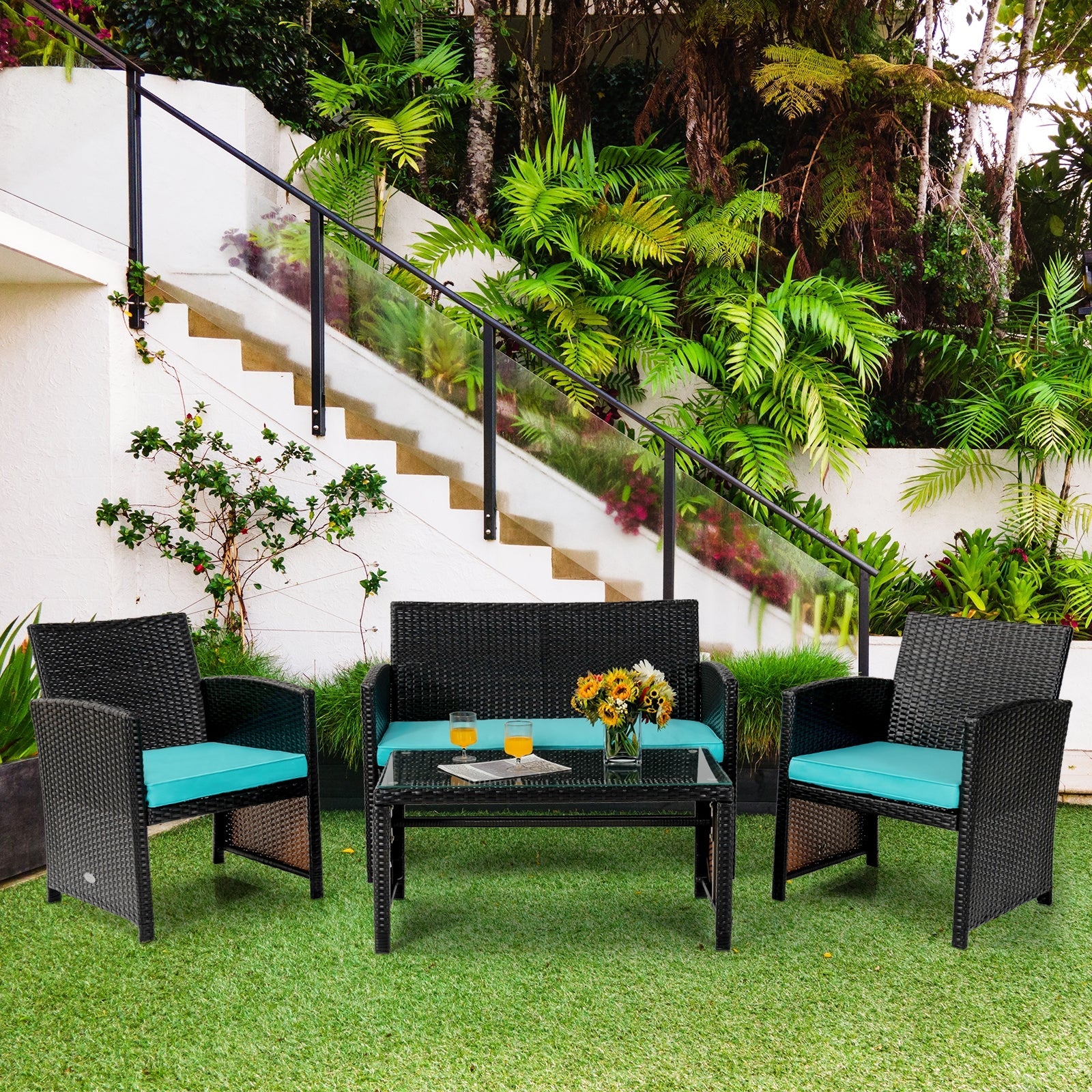 4 Pieces Patio Rattan Cushioned Furniture Set-Turquoise